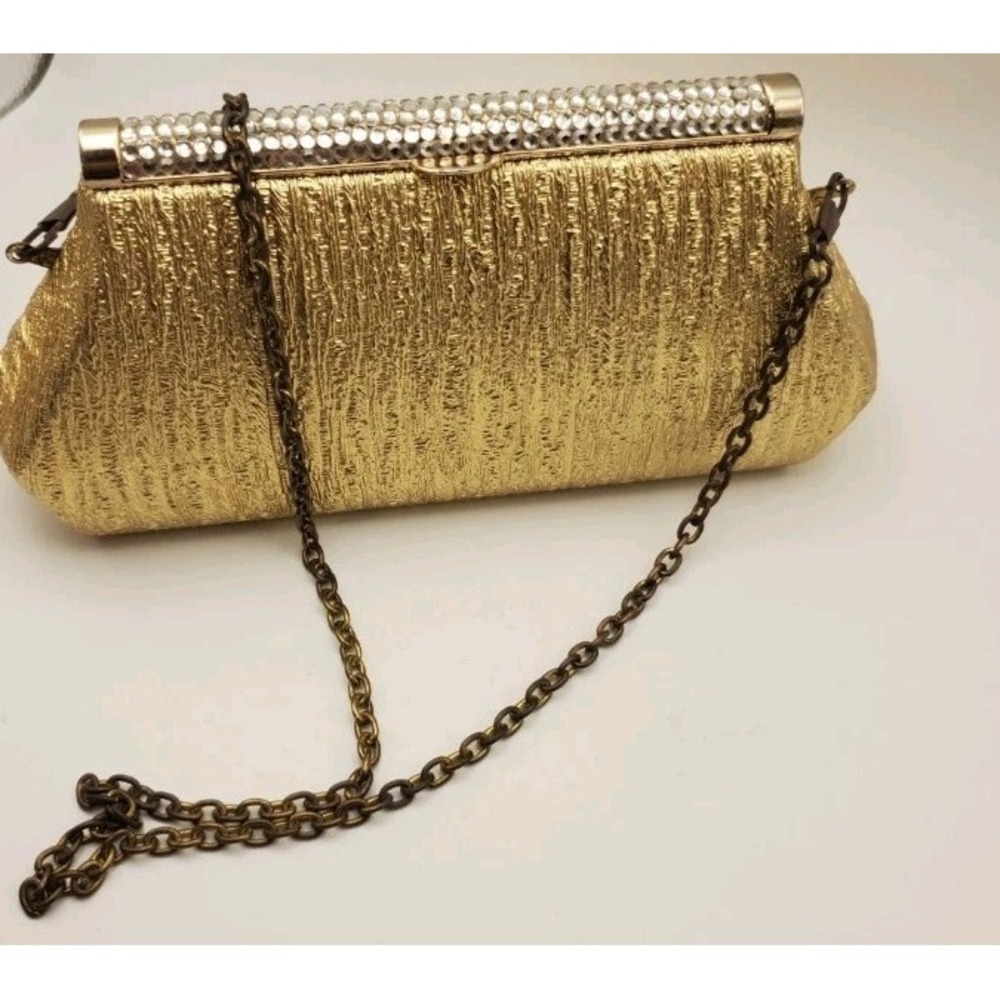 Heavy Hard Case Gold Metalic Rhinestone‎ Trim Clutch Formal Chain